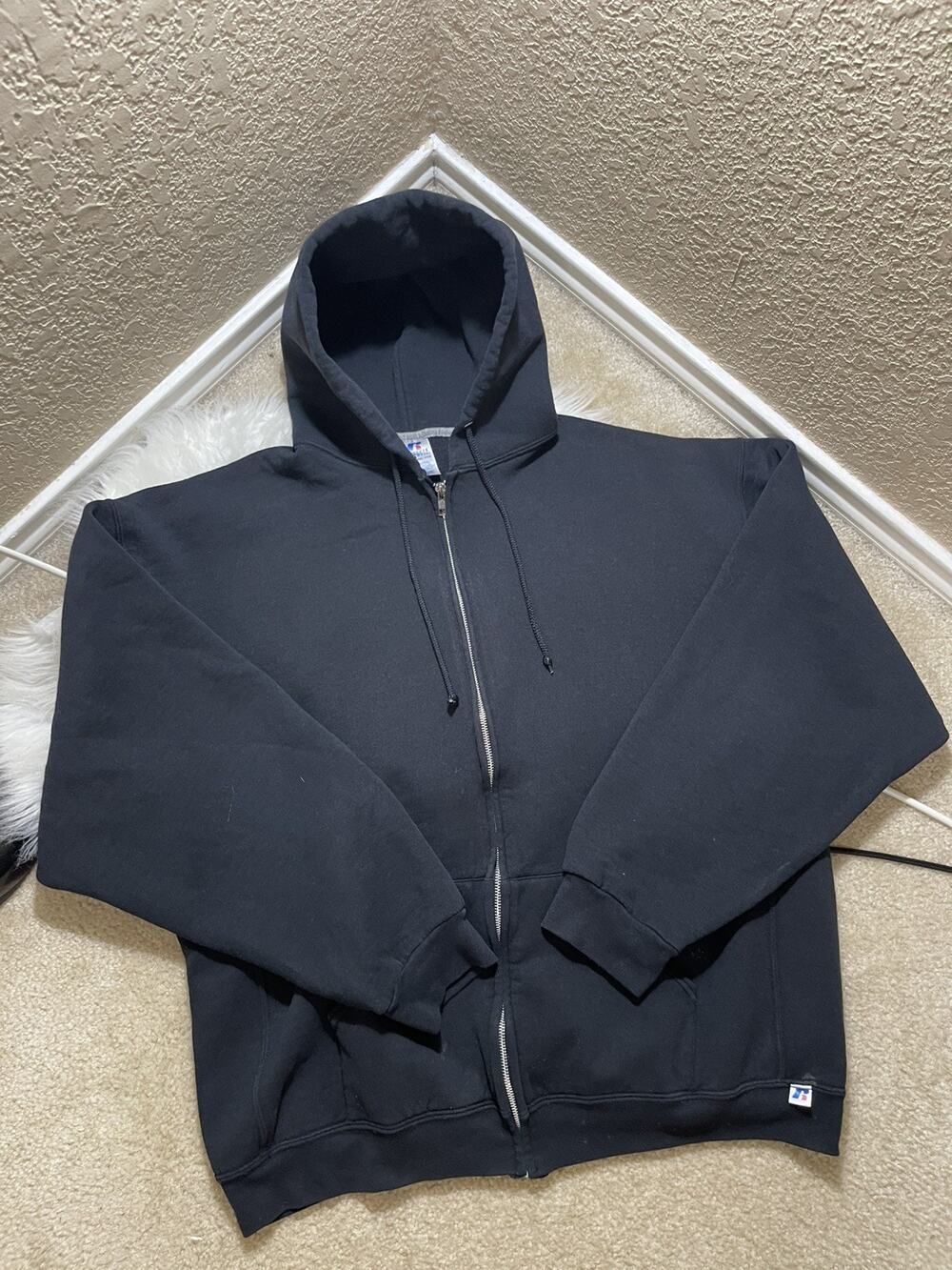 Vintage Russell Hoodie Mens XL Black 90S Y2K Full Zip Blank Plain Sweatshirt